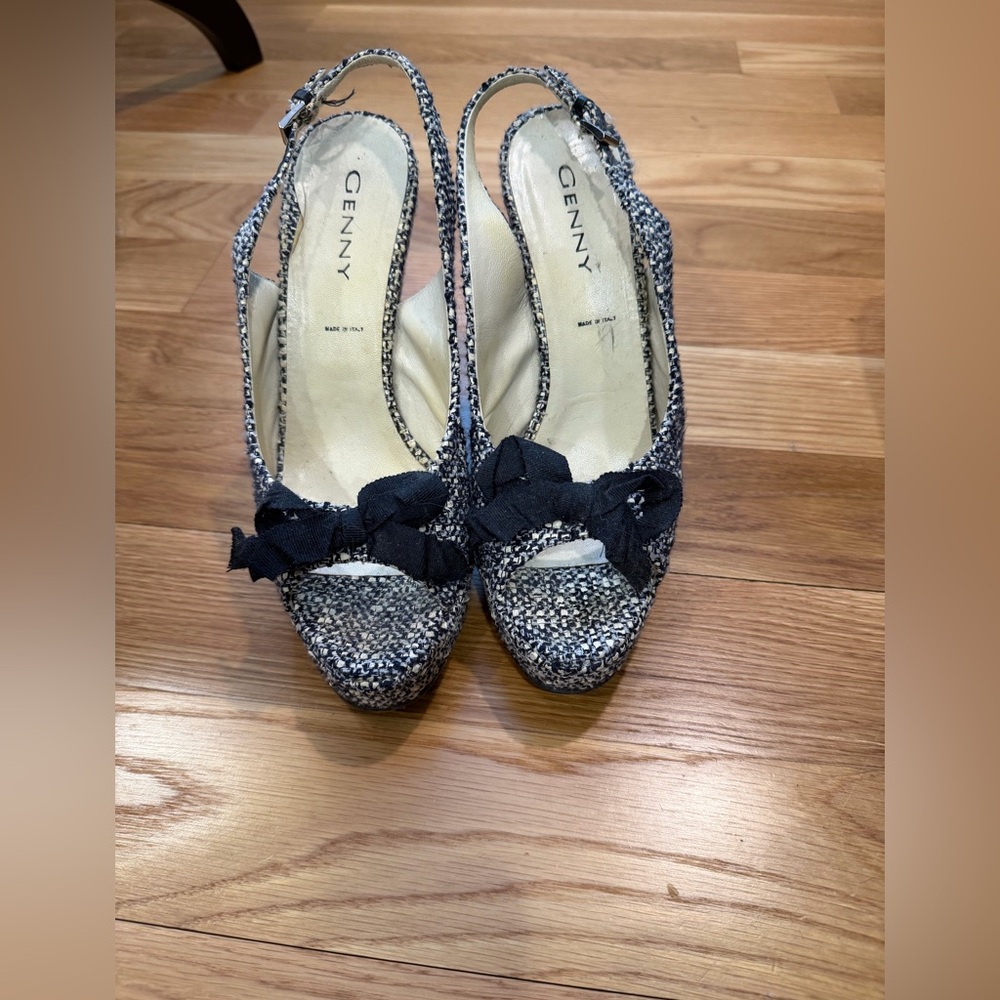 Navy Tweed Peep-Toe Slingback Heels with Bow